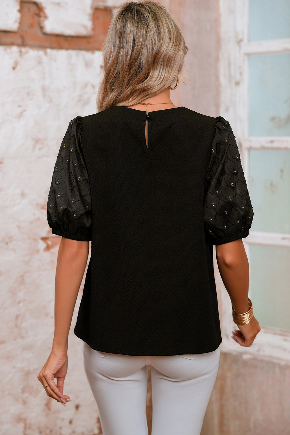 Black Bubble Sleeve Patchwork Textured Top - The Fair Lady Shop