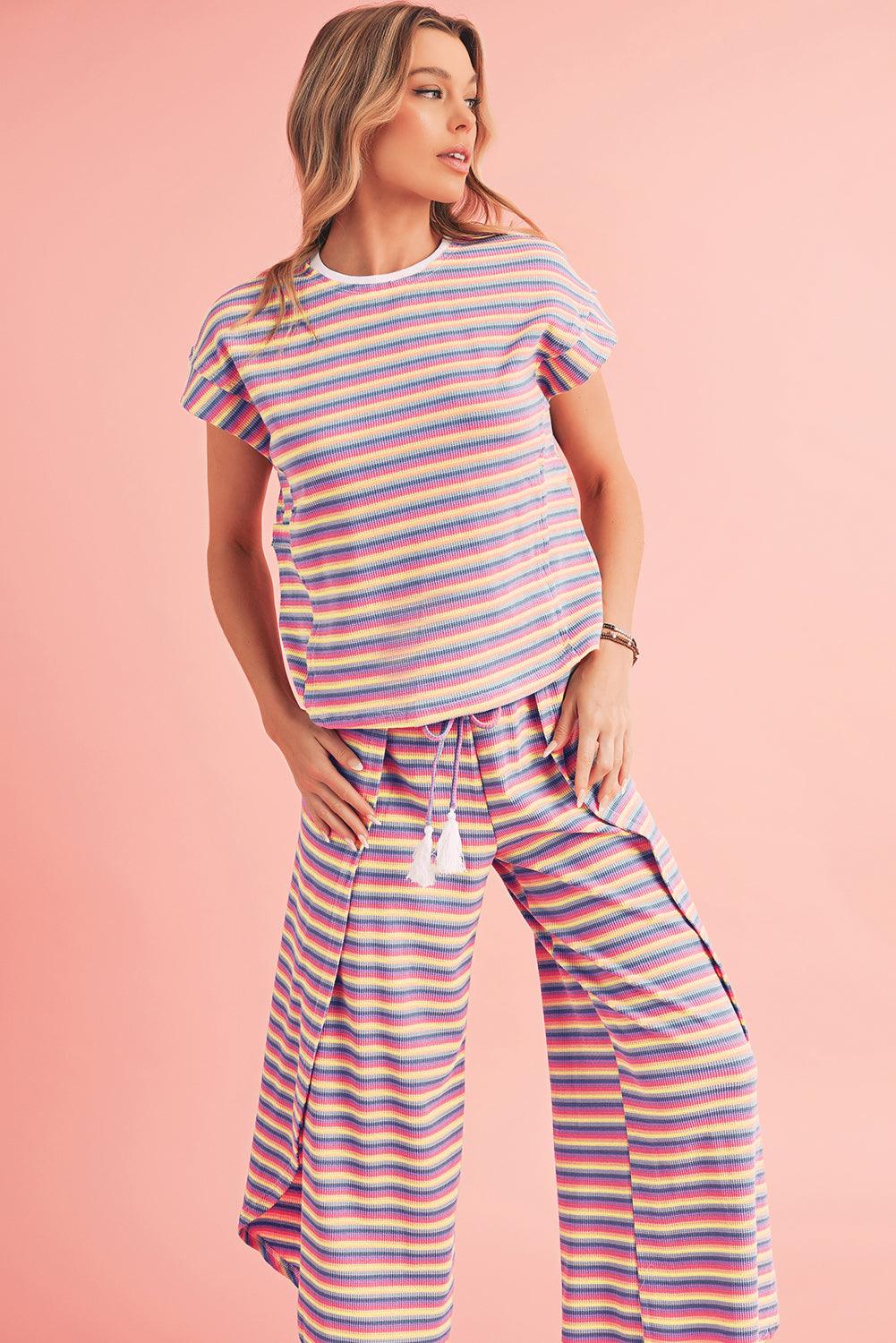 Yellow Stripe Rainbow Tee and Tassel Drawstring Wide Leg Pants Set - The Fair Lady Shop
