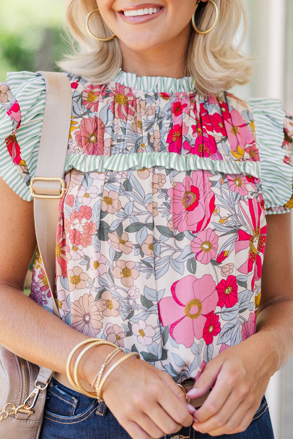 Pink Floral Print Ruffle Trim Pleated Boho Blouse - The Fair Lady Shop