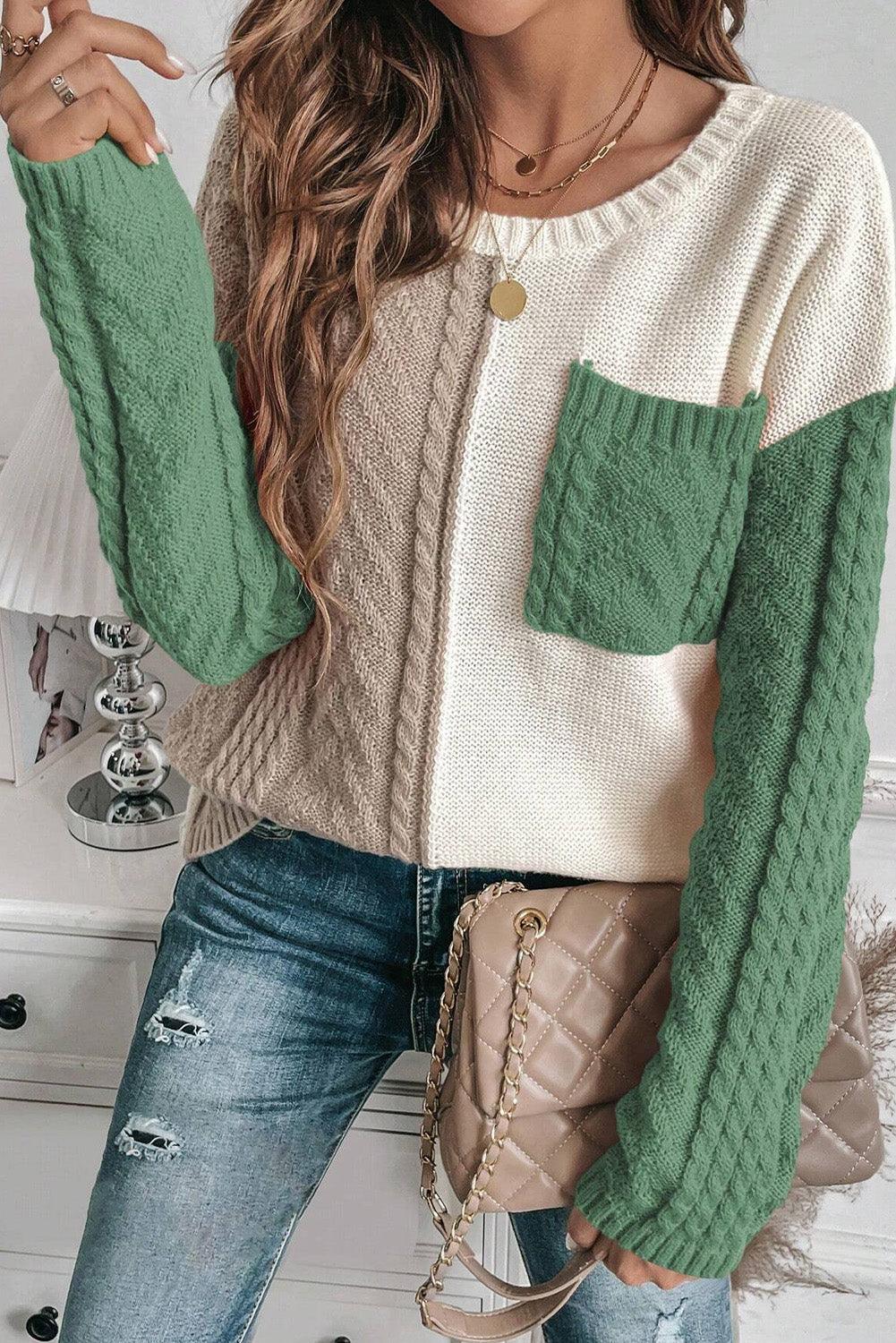 Rose Tan Colorblock Pocket Drop Shoulder Sweater - The Fair Lady Shop