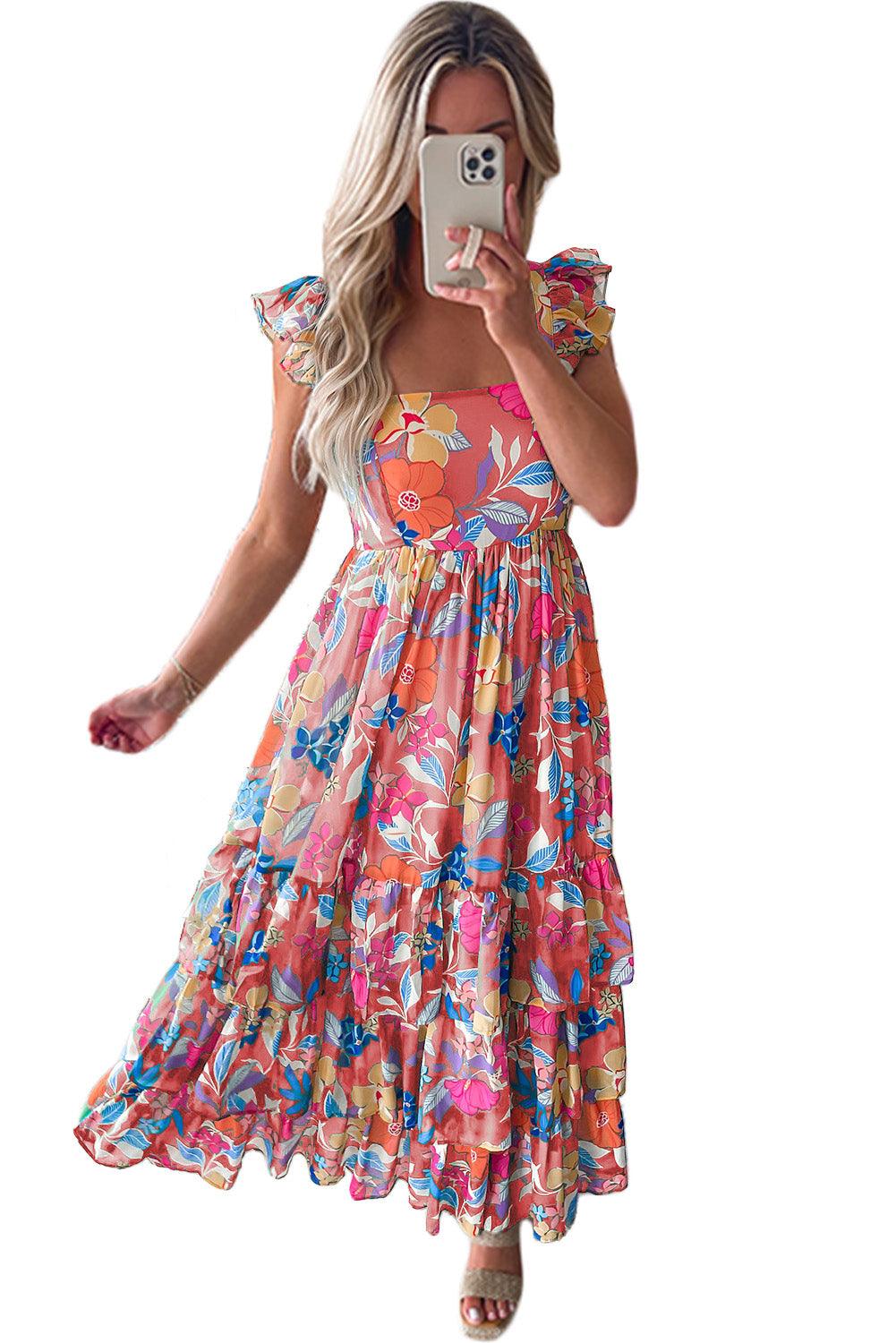 Pink Floral Print Sleeveless Ruffle Tiered Maxi Dress - The Fair Lady Shop
