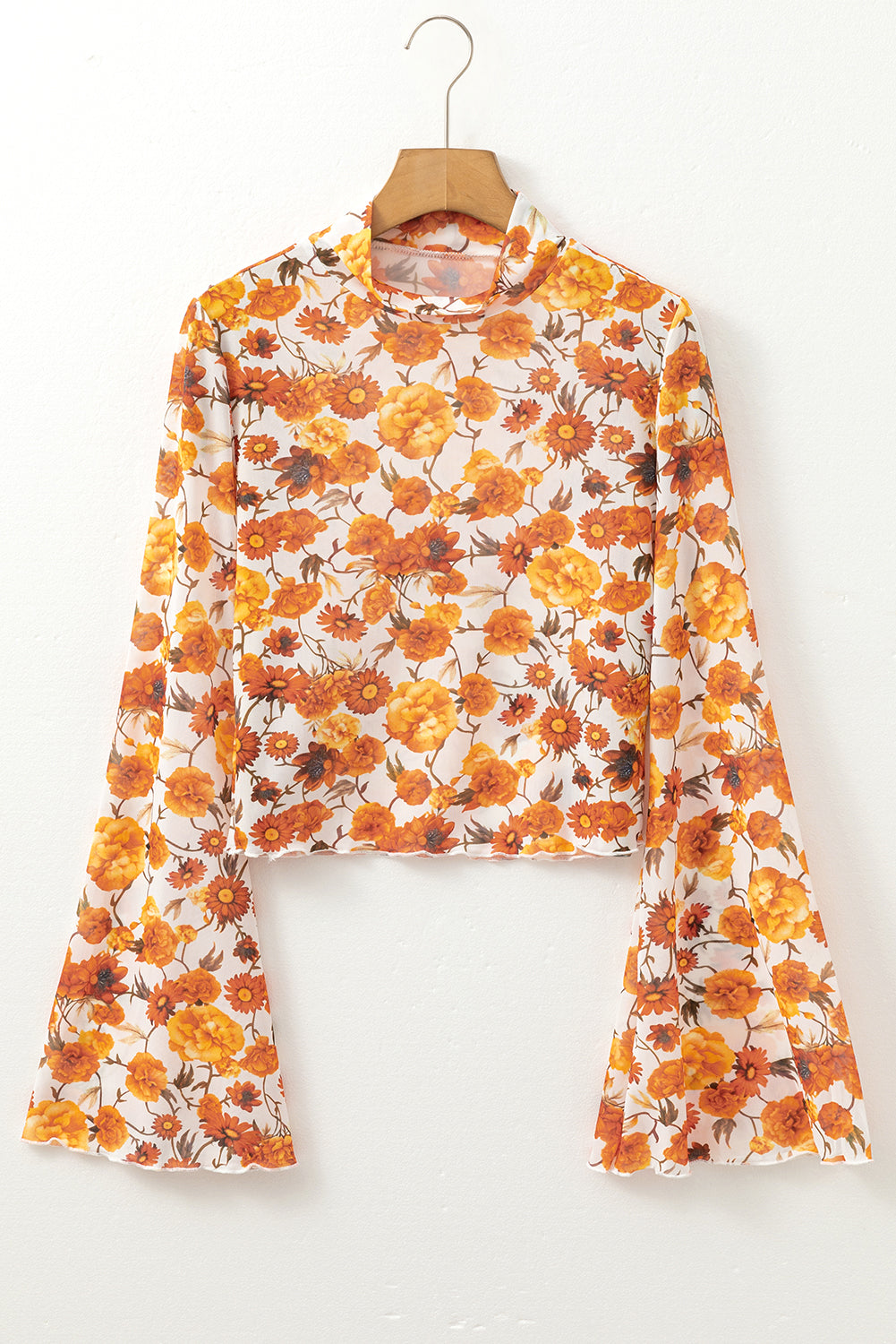 Orange Floral Print Bell Sleeve Mock Neck Scallop Trim Blouse - The Fair Lady Shop