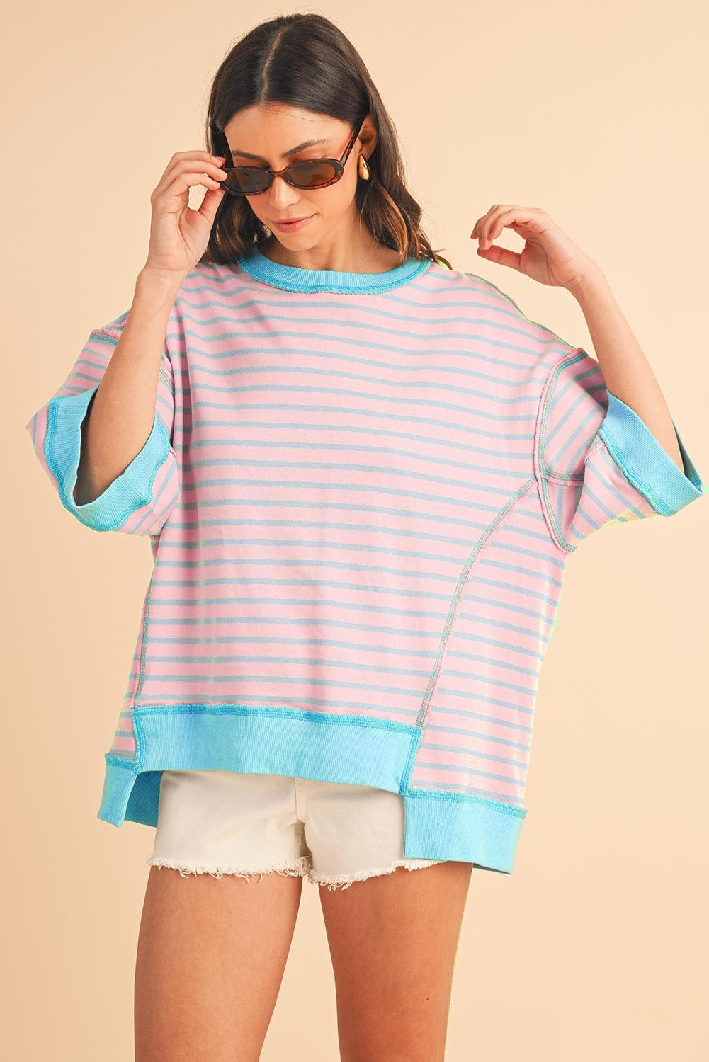 Pink Stripe Colorblock Drop Sleeve Oversized T Shirt - The Fair Lady Shop