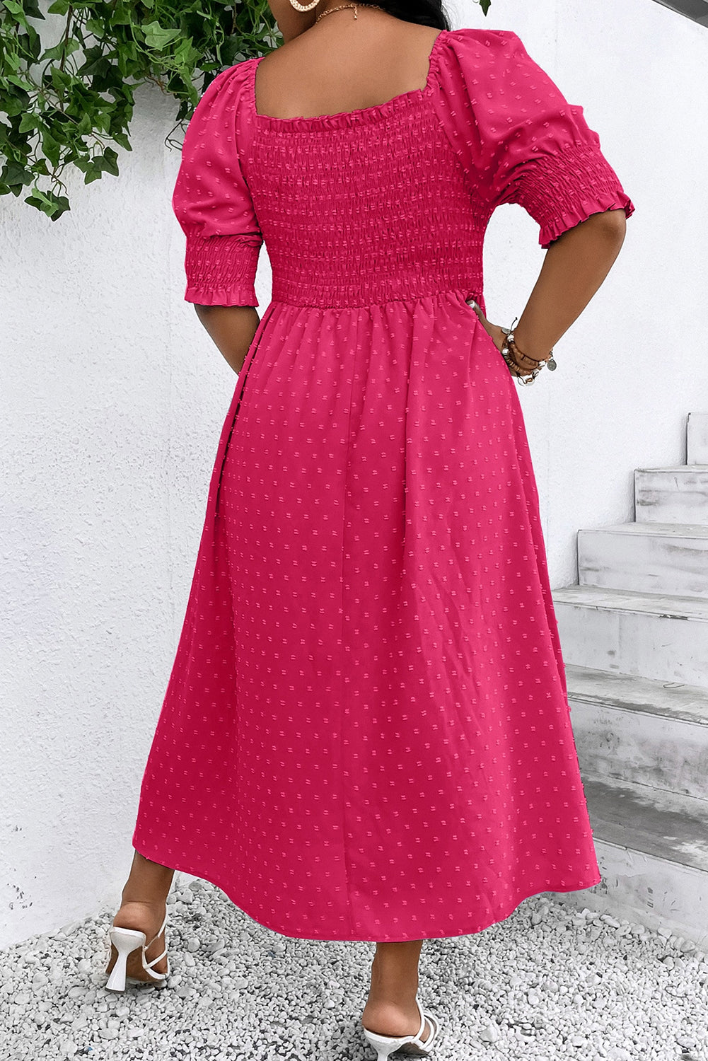 Sachet Pink Swiss Dot Smocked Frill Square Neck Plus Size Dress - The Fair Lady Shop