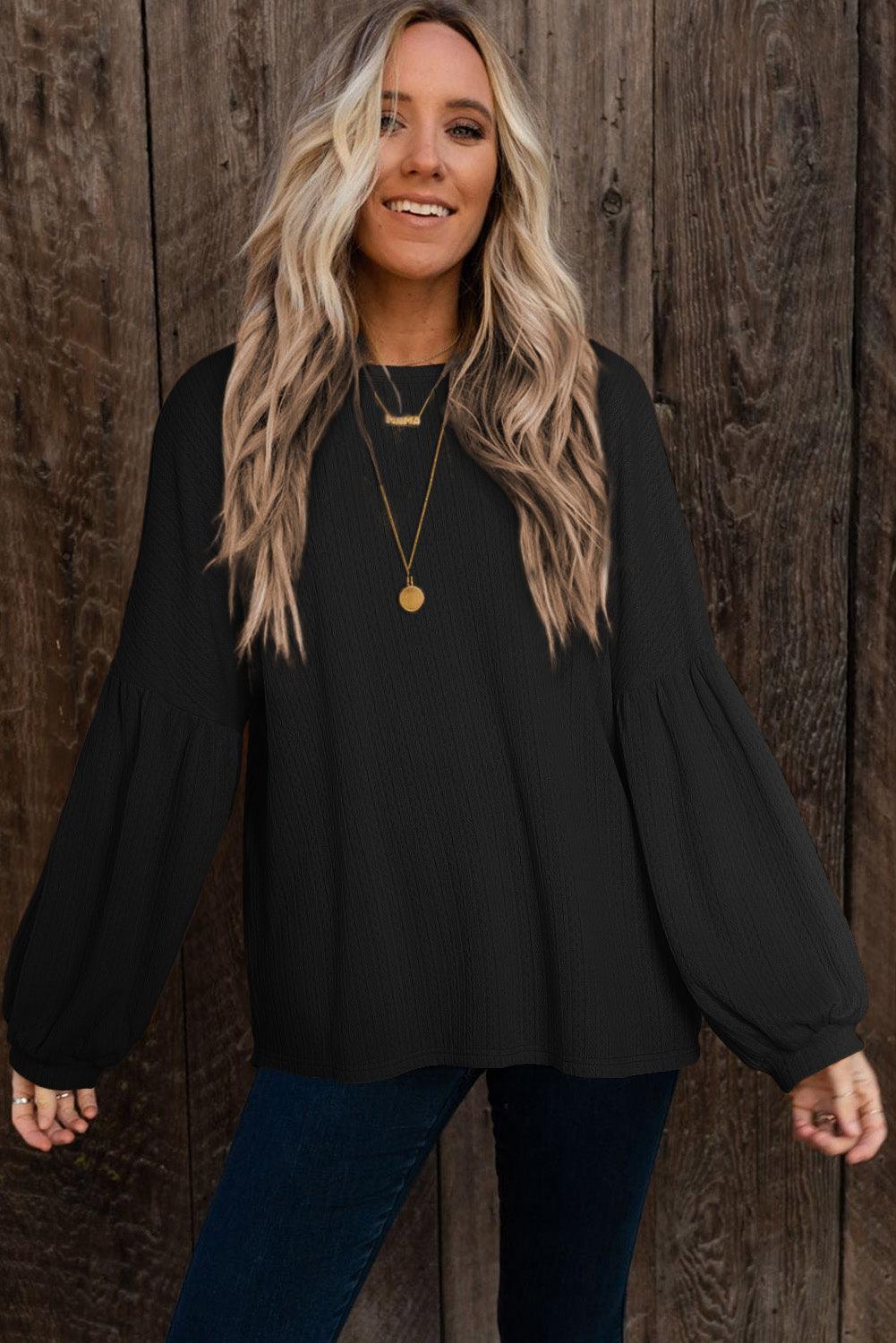 Ruby Solid Color Textured Lantern Sleeve Top - The Fair Lady Shop