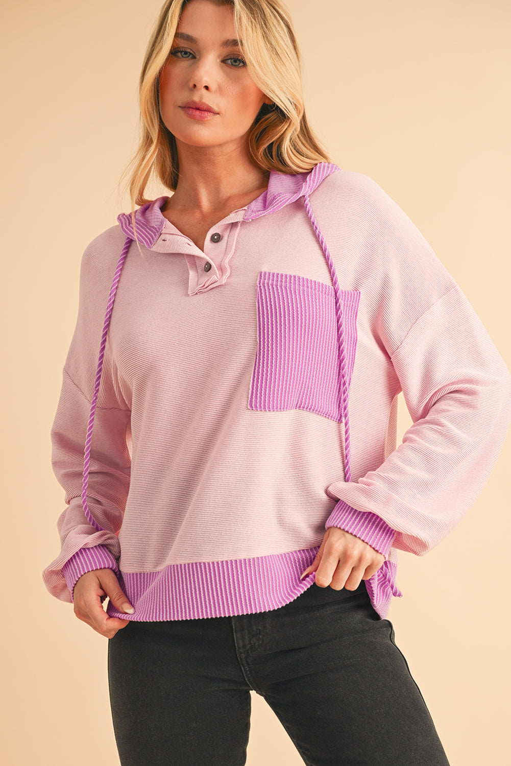 Light Pink Corded Patch Pocket Drawstring Henley Long Sleeve Tops - The Fair Lady Shop