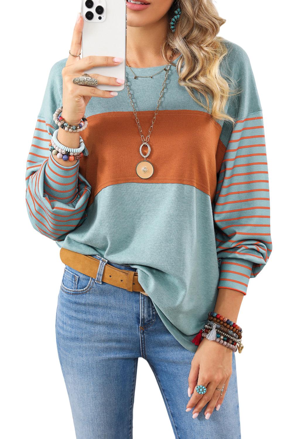 Green Colorblock Striped Bishop Sleeve Top with Side Slits - The Fair Lady Shop