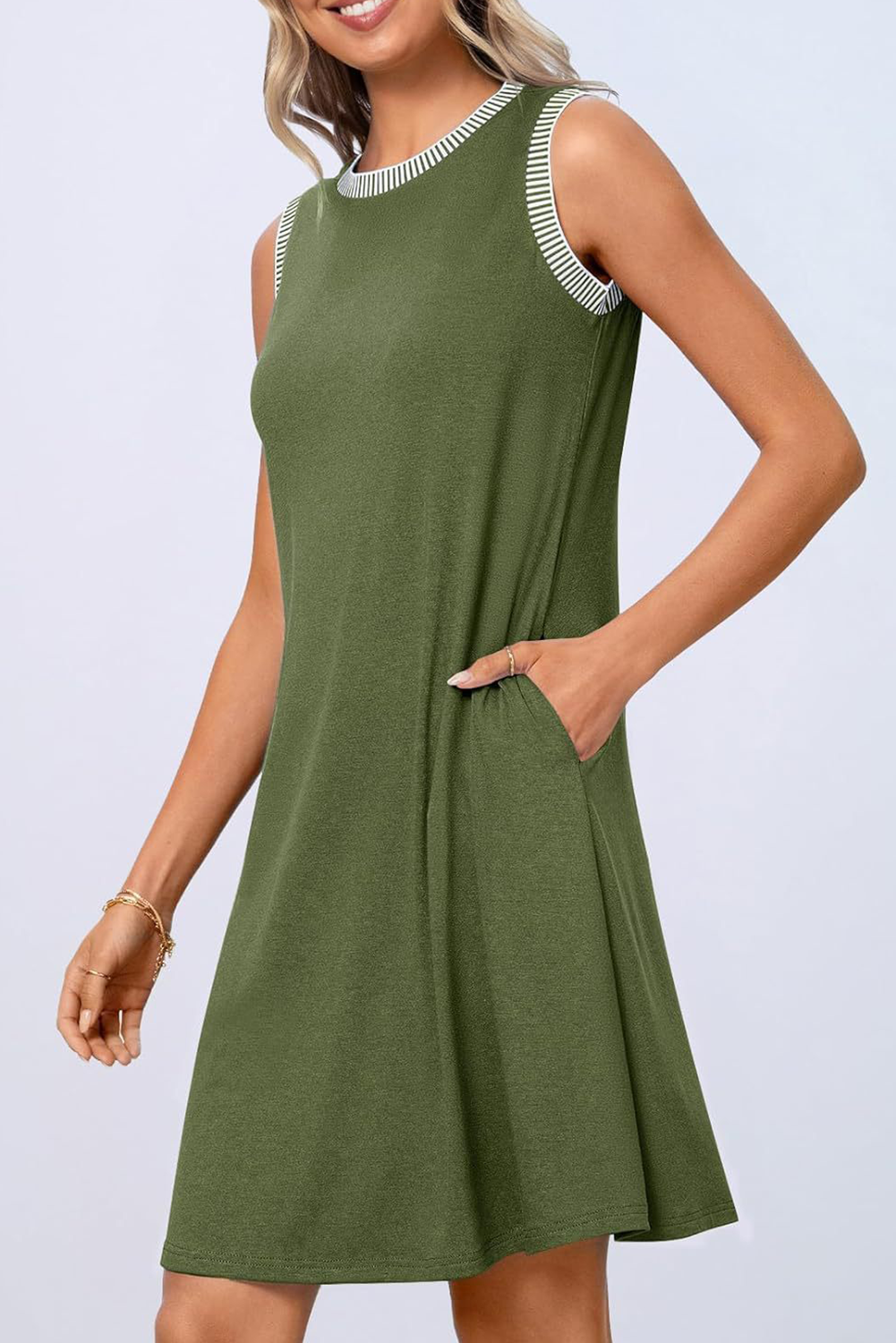 Vineyard Green Contrast Trim Casual Sleeveless Mini Dress - The Fair Lady Shop