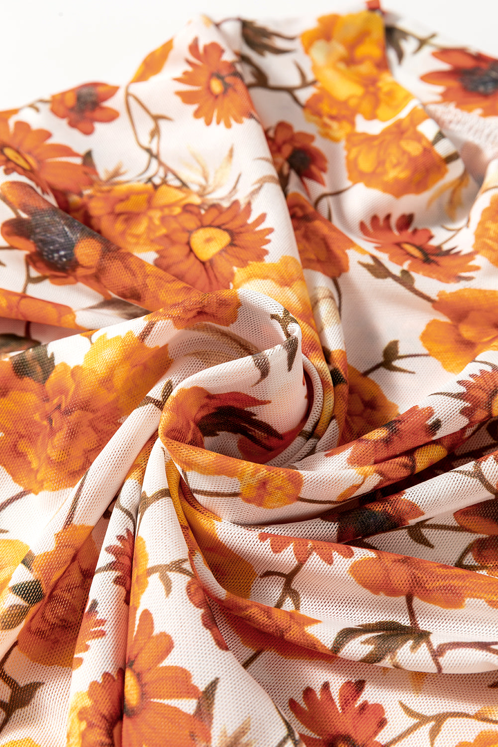 Orange Floral Print Bell Sleeve Mock Neck Scallop Trim Blouse - The Fair Lady Shop
