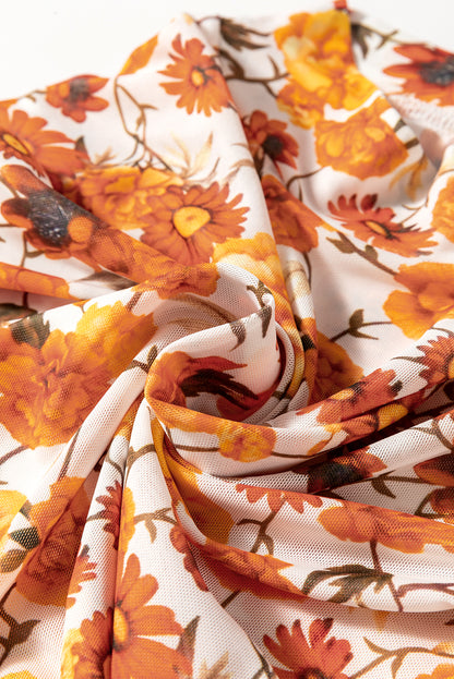 Orange Floral Print Bell Sleeve Mock Neck Scallop Trim Blouse - The Fair Lady Shop