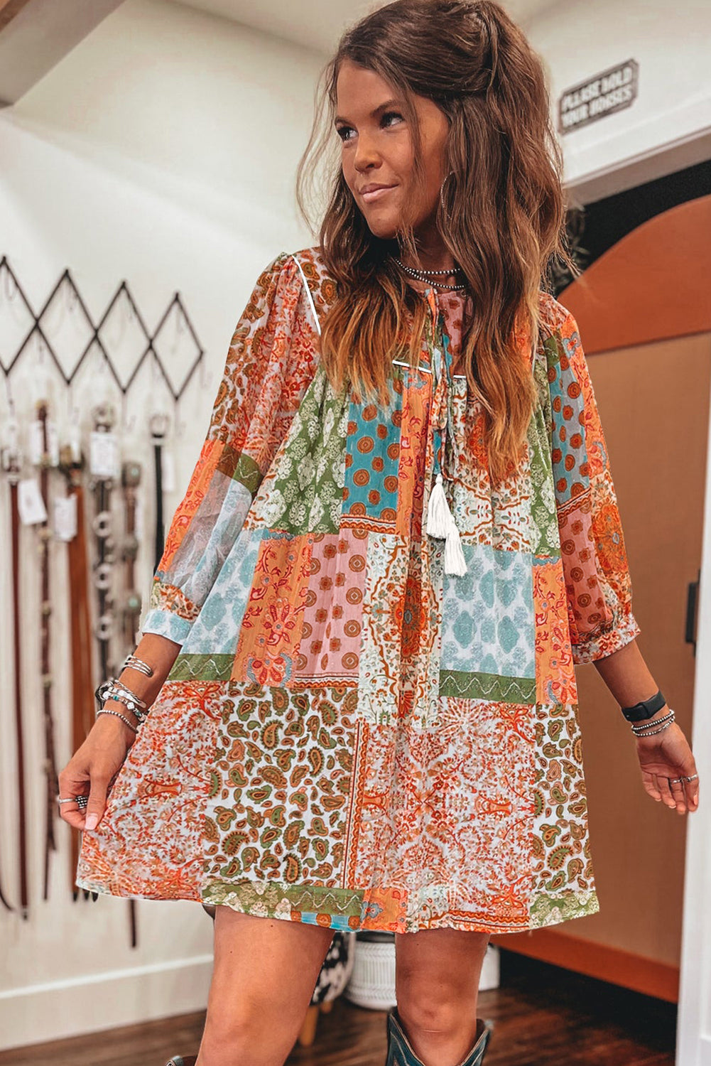 Orange Boho Paisley Mixed Print 3/4 Sleeve Chiffon Loose Dress - The Fair Lady Shop