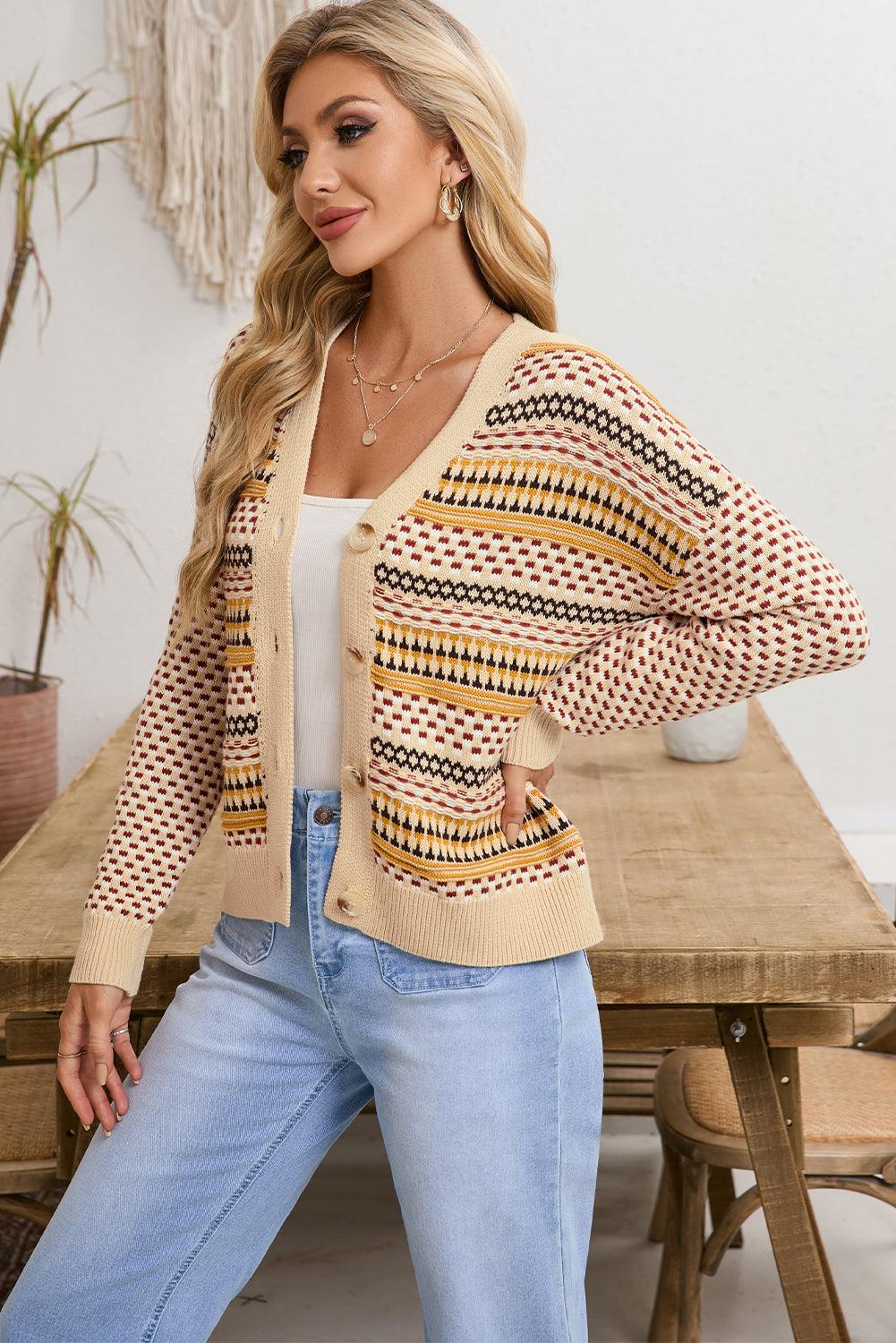 Khaki Geometric Pattern Button Front V Neck Cropped Cardigan - The Fair Lady Shop