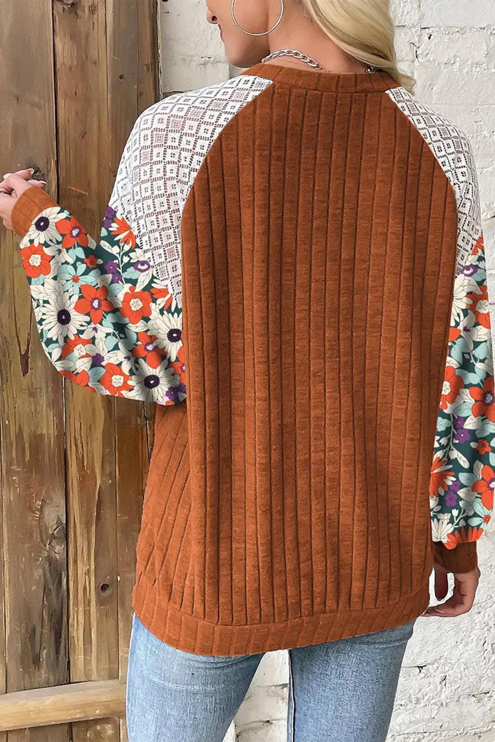 Laurel Green Floral Patchwork Raglan Sleeve Ribbed Blouse - The Fair Lady Shop