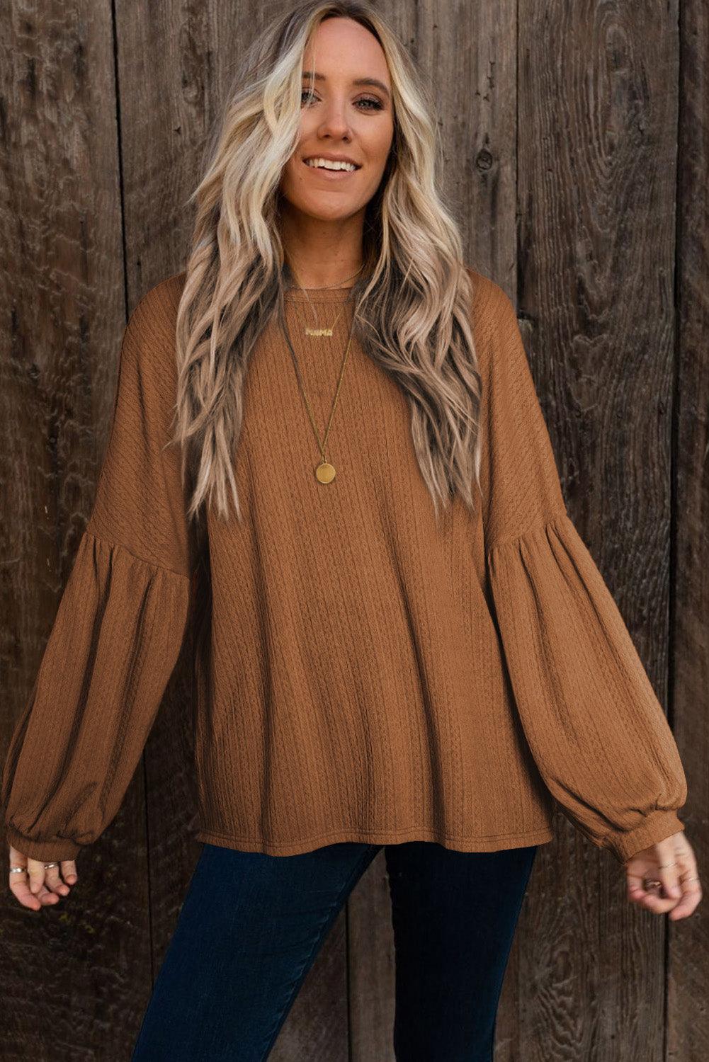 Ruby Solid Color Textured Lantern Sleeve Top - The Fair Lady Shop