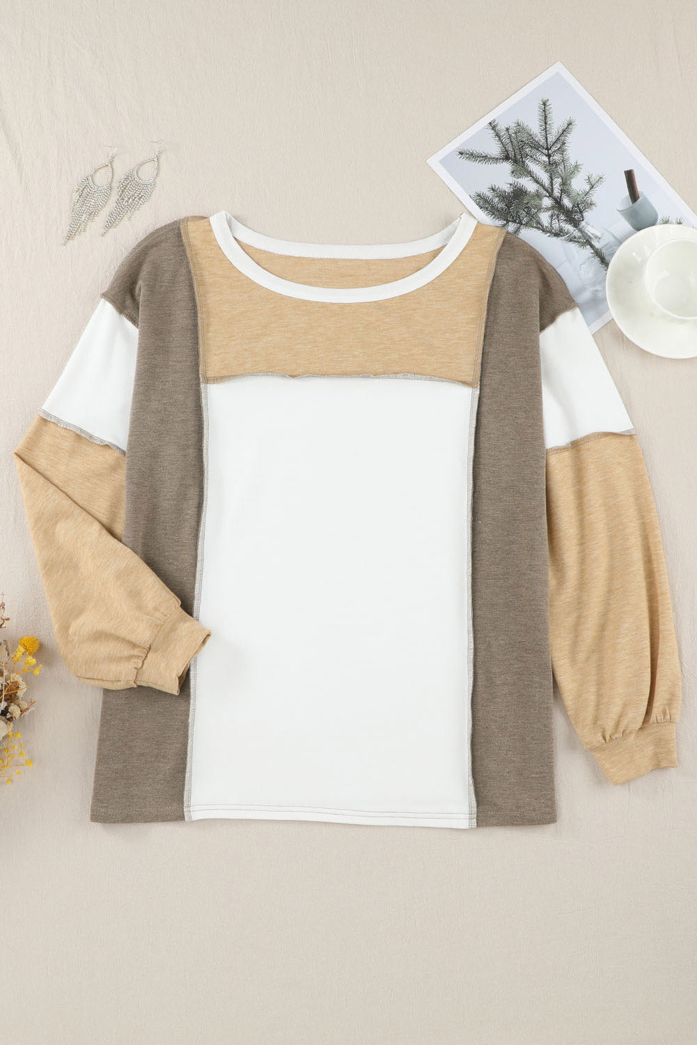 Khaki Color Block Exposed Seam Long Sleeve Top - The Fair Lady Shop