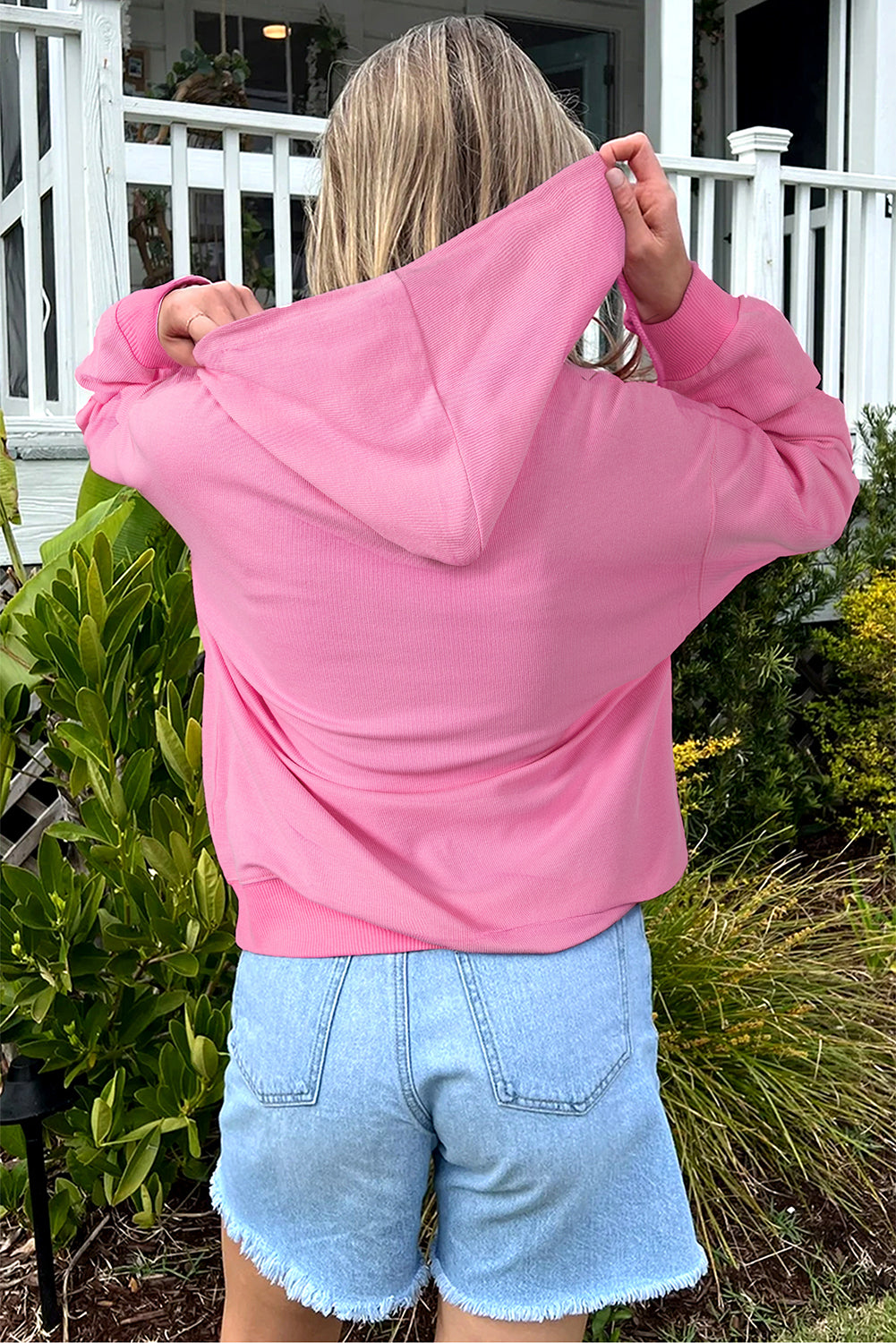 Sachet Pink Corduroy Zip Up Hooded Casual Jacket