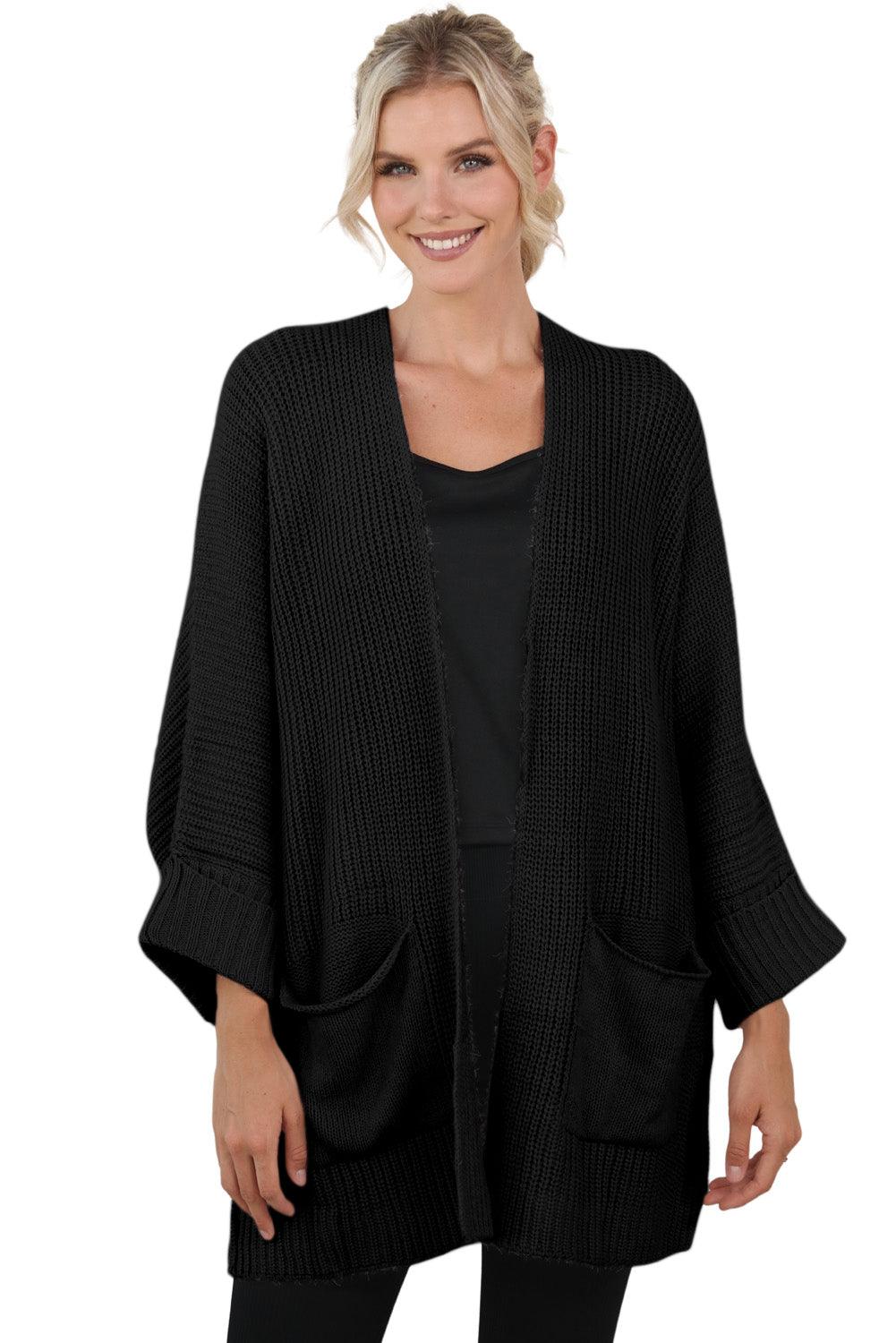 Black Batwing Sleeve Pocket Oversized Cable Knit Cardigan - The Fair Lady Shop