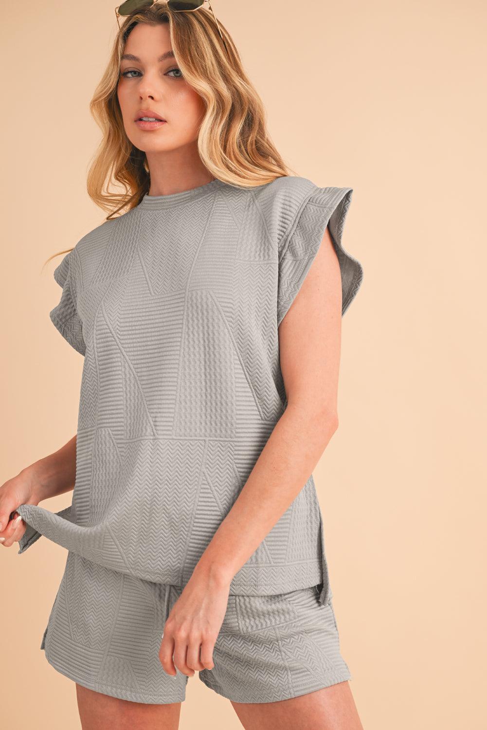 Dark Green Textured Ruffle Split Top and Drawstring Shorts Set - The Fair Lady Shop