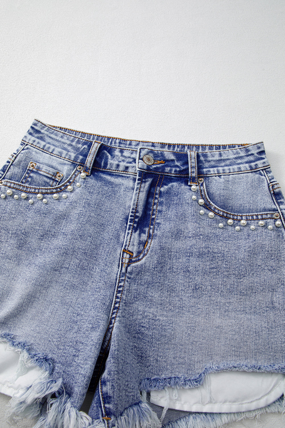 Beau Blue Pearl Studded Pocket Raw Hem Denim Shorts - The Fair Lady Shop