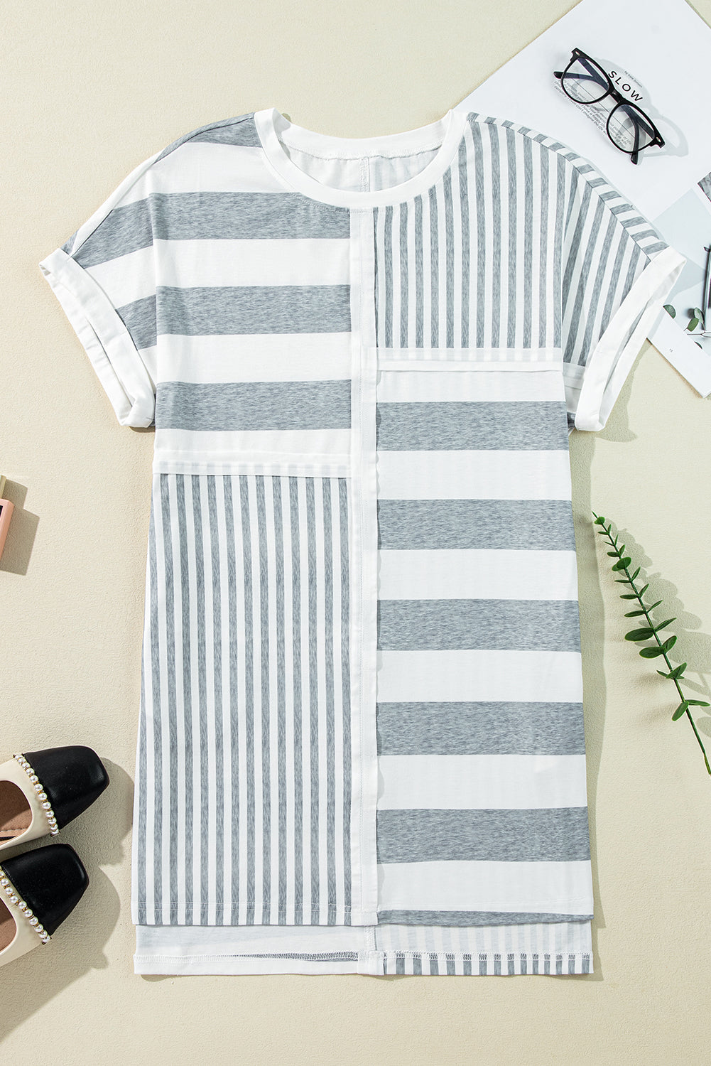 Gray Stripe Mixed Printed Short Sleeve Shift Mini T Shirt Dress - The Fair Lady Shop