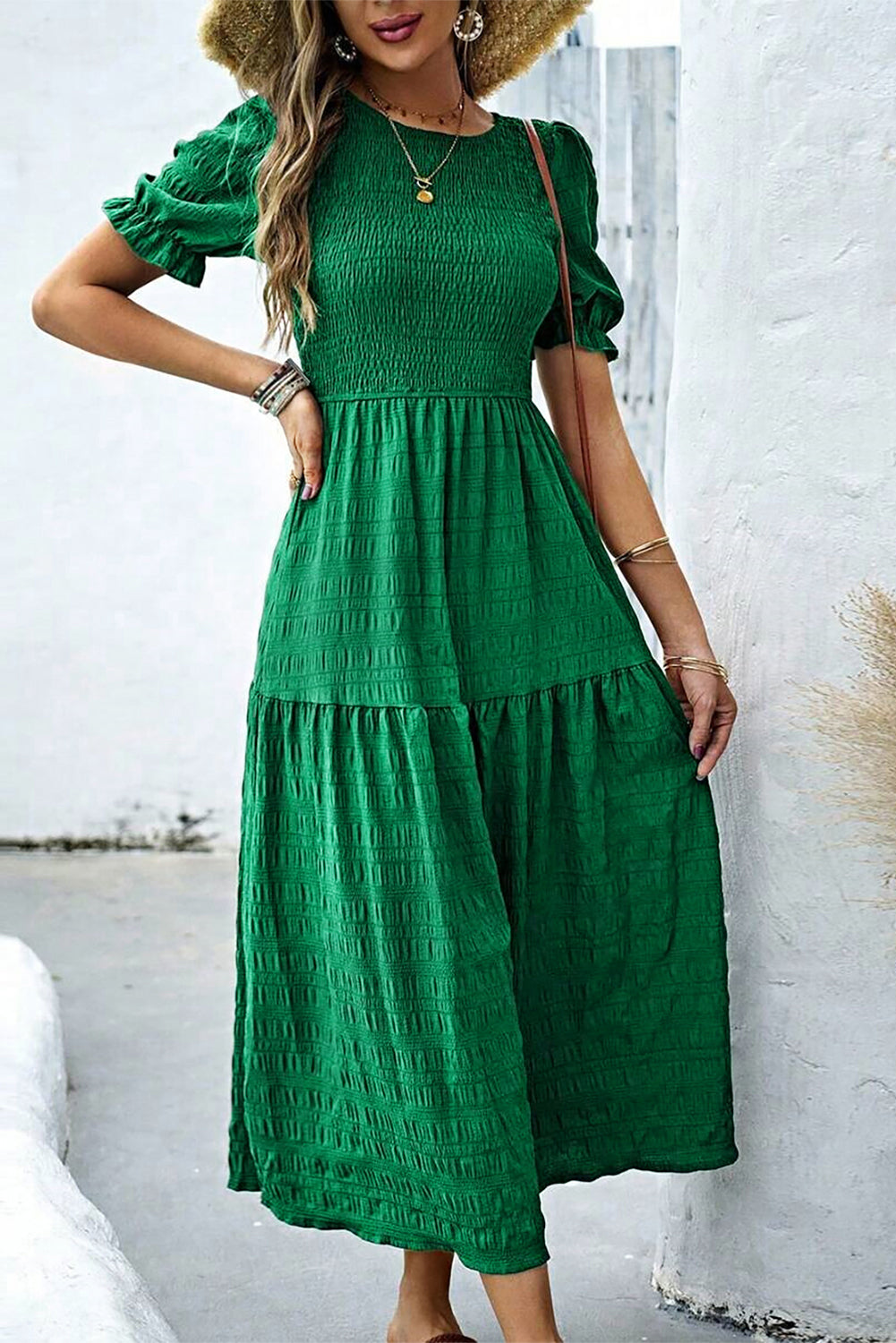 Dark Green Solid Textured Shirred High Waist Midi Dress - The Fair Lady Shop