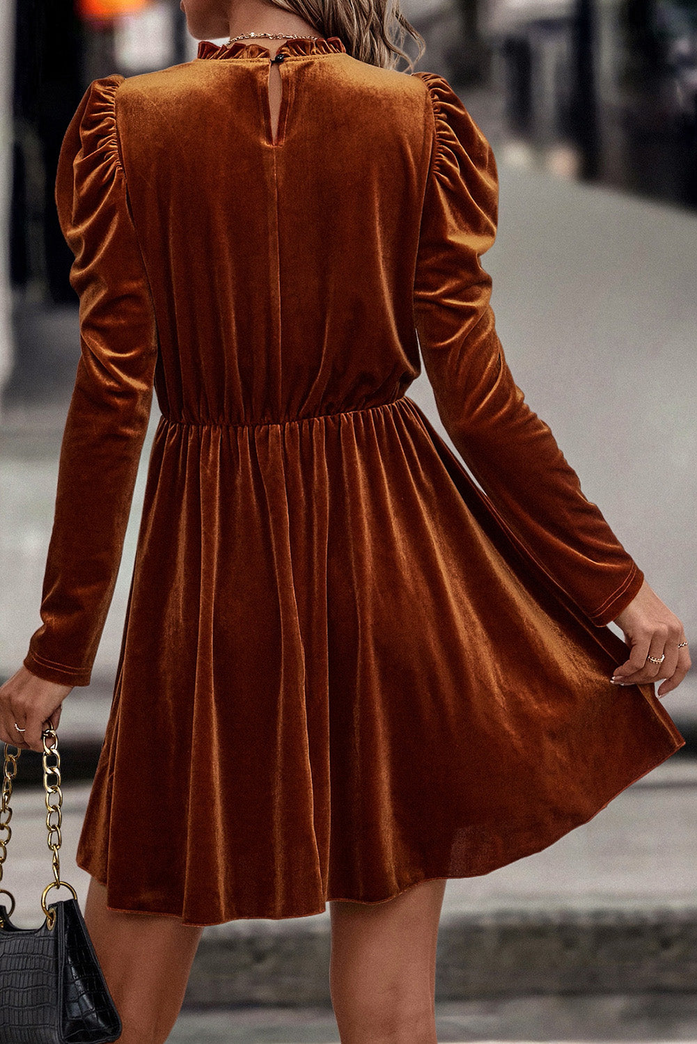 Chestnut Velvet Frilled Neck Gigot Sleeve Swing Dress - The Fair Lady Shop