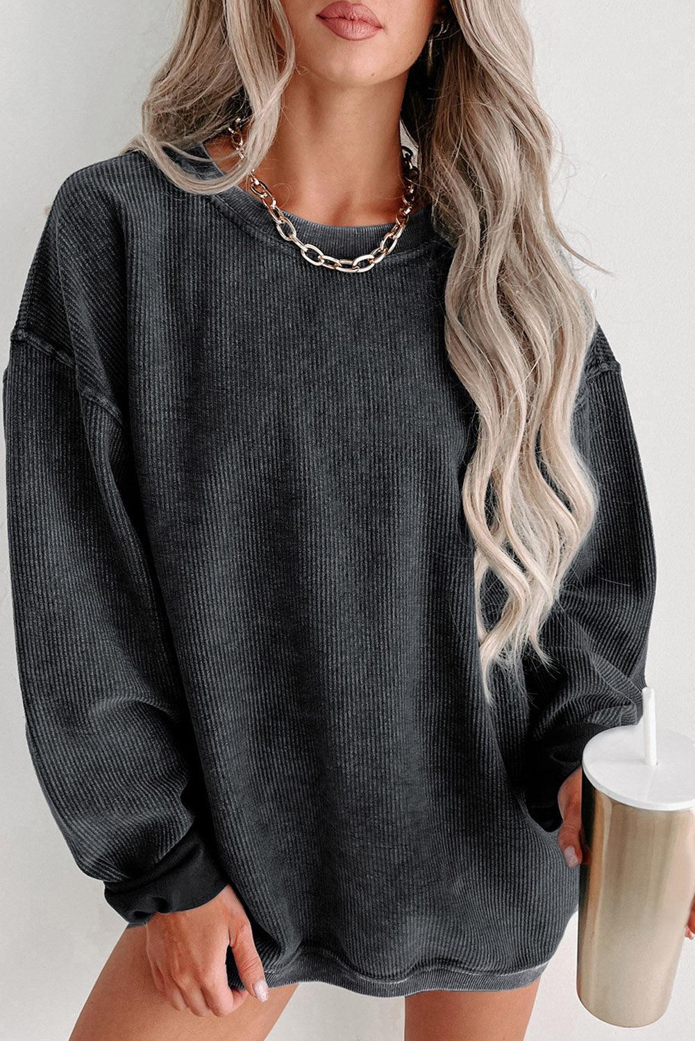 Khaki Solid Ribbed Round Neck Pullover Sweatshirt - The Fair Lady Shop