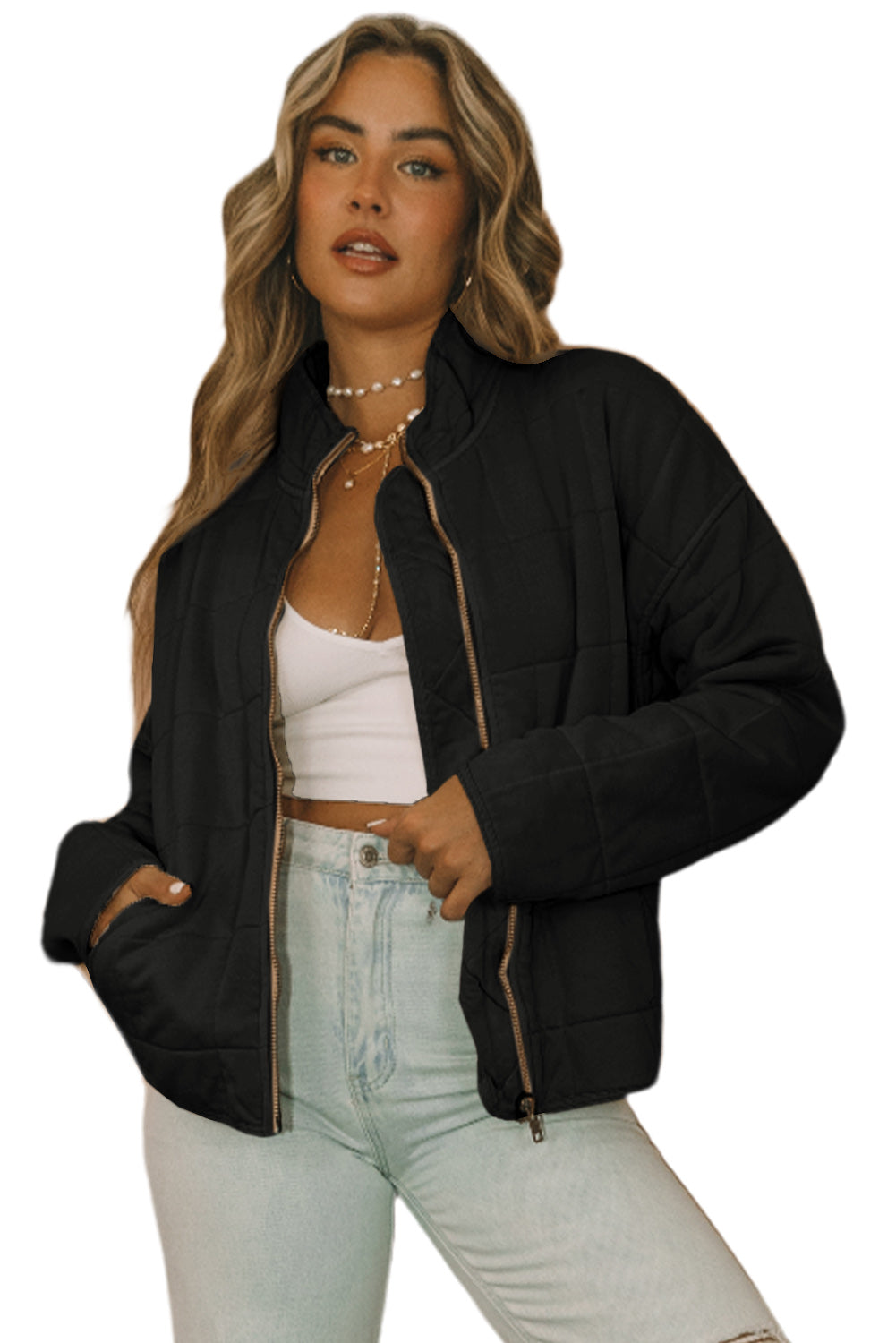 Black Zip-Up Pocket Quilted Cropped Jacket