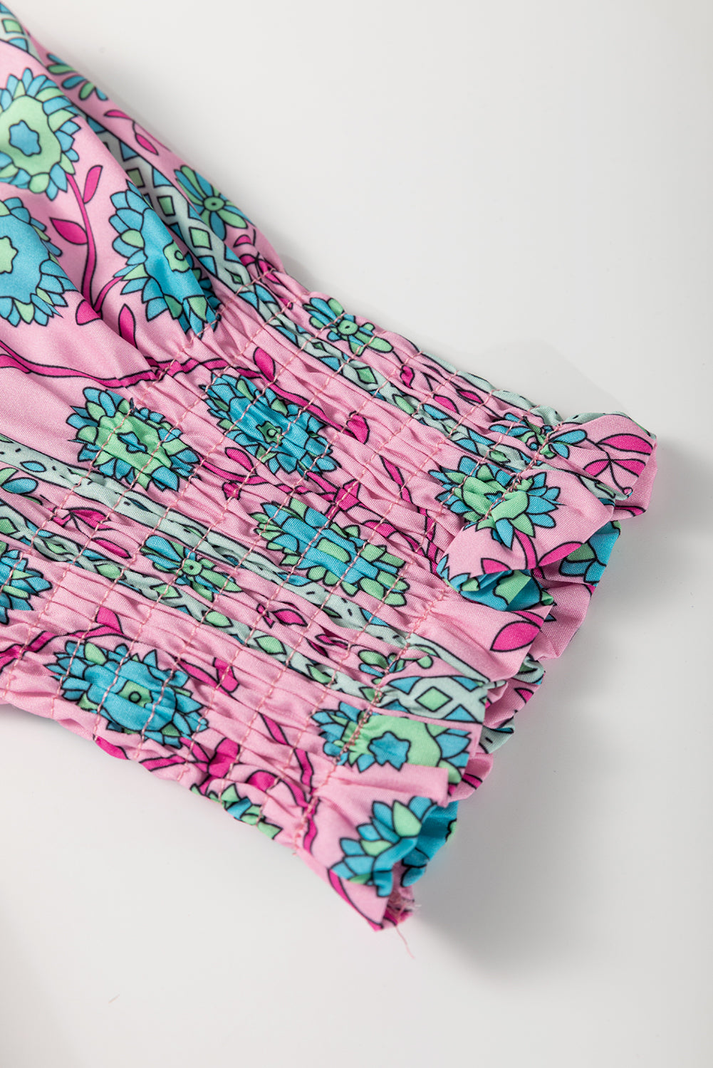 Pink Boho Floral Shirred Short Sleeve Belted Dress - The Fair Lady Shop