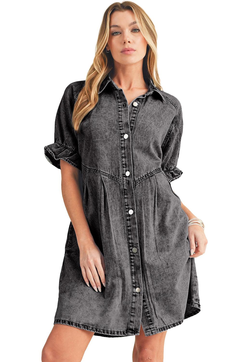 Blue Mineral Washed Ruffled Short Sleeve Pocketed Denim Dress - The Fair Lady Shop