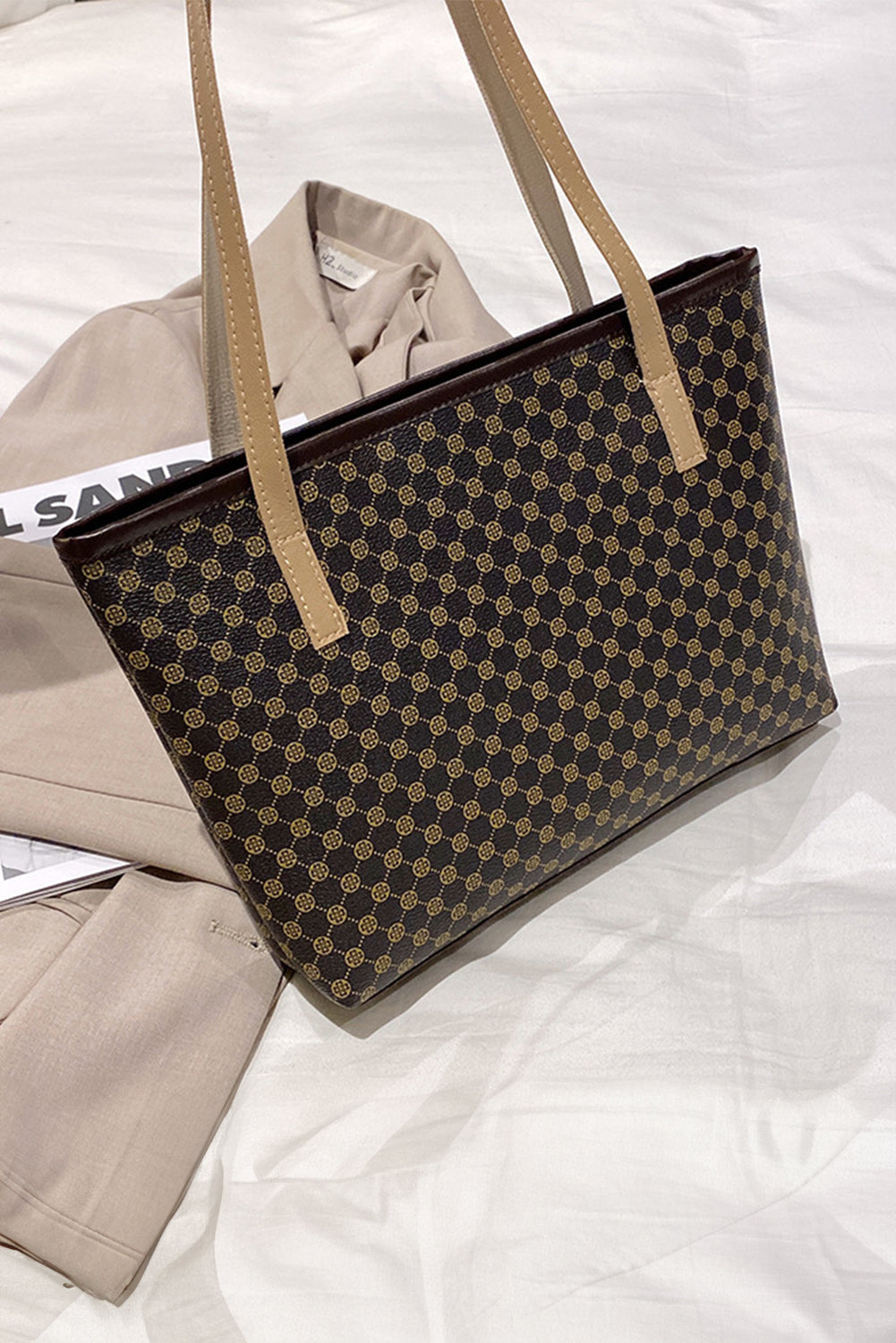 Dark Brown Geometric PU Leather Tote Bag