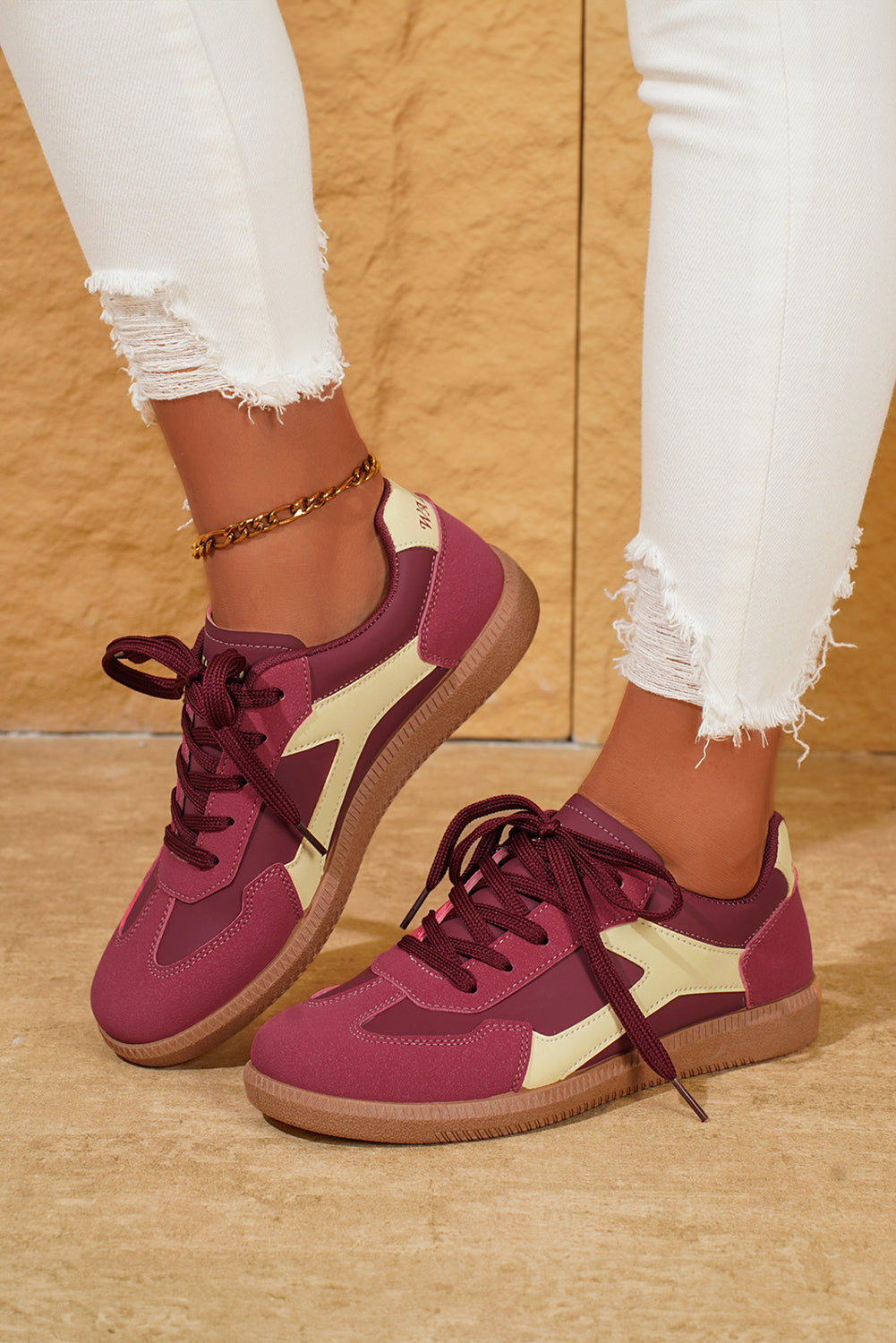 Fiery Red PU Leather Stitched Colorblock Casual Lace-Up Sneakers
