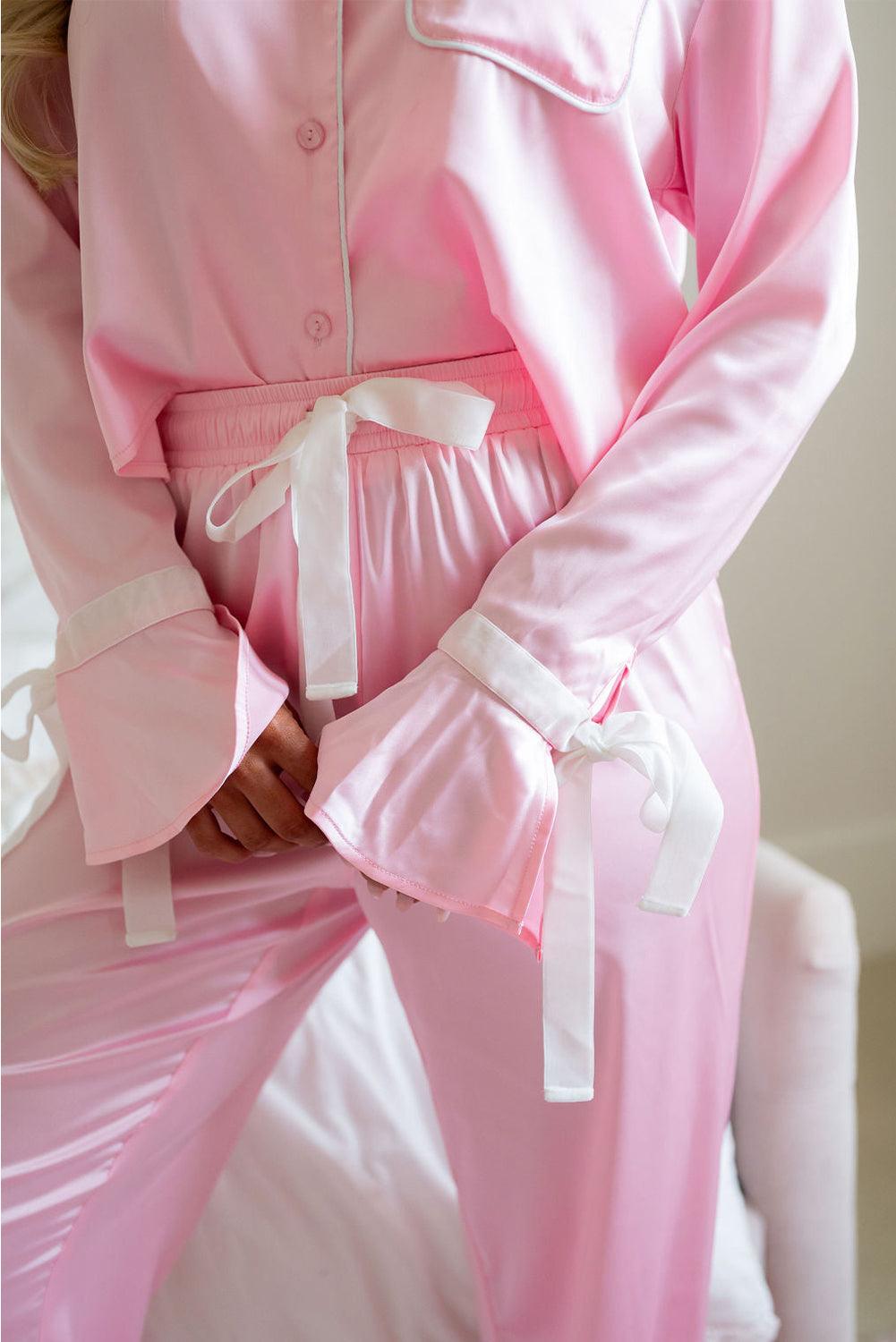 Light Pink Satin Shirt and Ruffle Hem Pants Pajama Set - The Fair Lady Shop