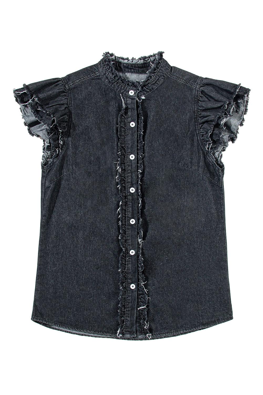 Ashleigh Blue Button Front Ruffled Flutter Frayed Denim Top - The Fair Lady Shop