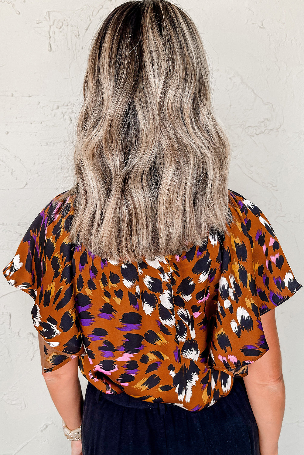Orange Leopard Printed Short Sleeve Slit V Neck Blouse - The Fair Lady Shop