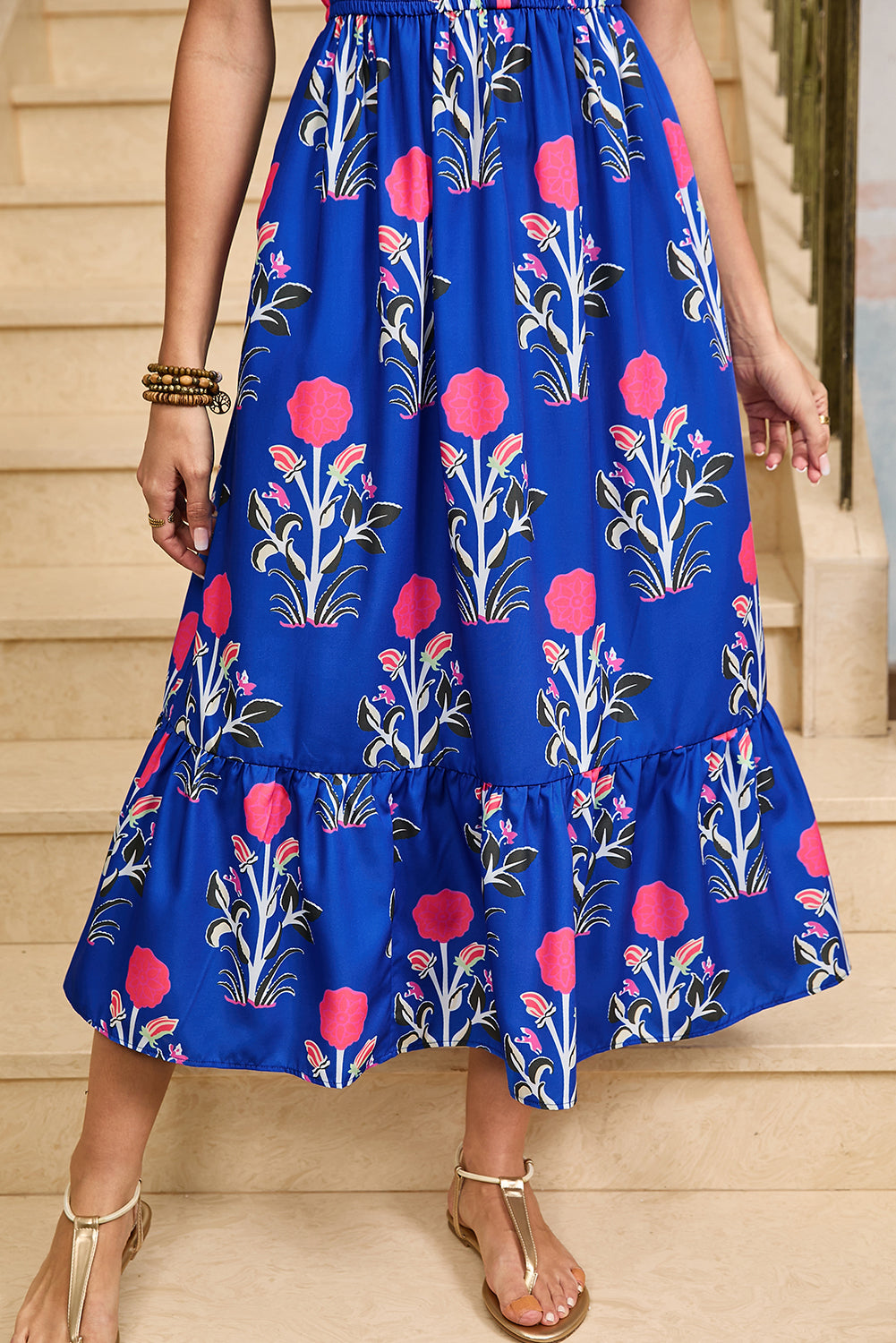 Sky Blue Floral Ruffle Hem Midi Dress - The Fair Lady Shop