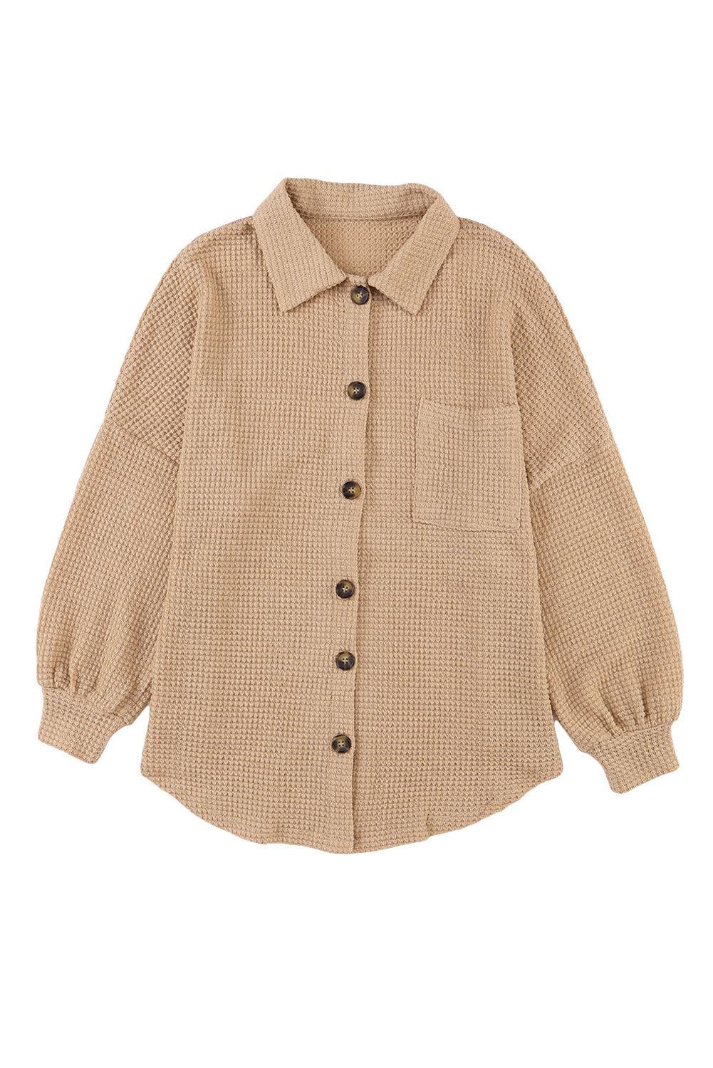 Khaki Waffle Knit Pocket Button Front Shacket - The Fair Lady Shop