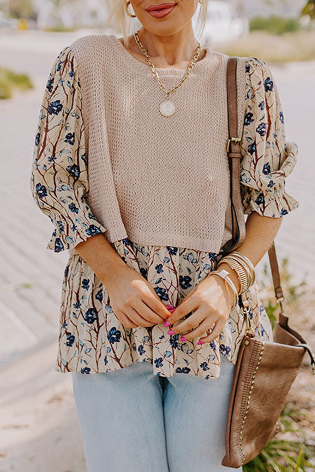 Beige Faux Two Piece Knit Patchwork Floral Plus Size Top - The Fair Lady Shop