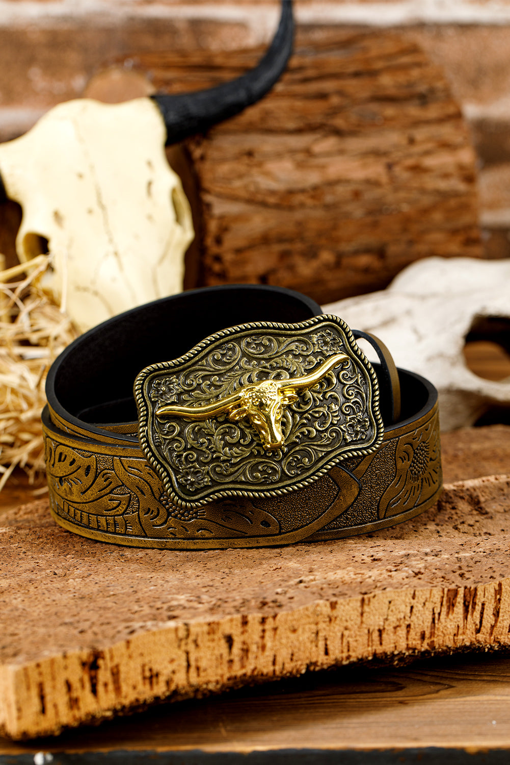 Chestnut Retro Embossed Faux Leather Buckle Belt