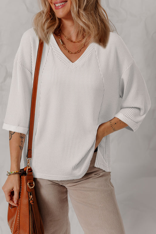 White Solid Color Corded Drop Shoulder 3/4 Sleeve V Neck Top - The Fair Lady Shop