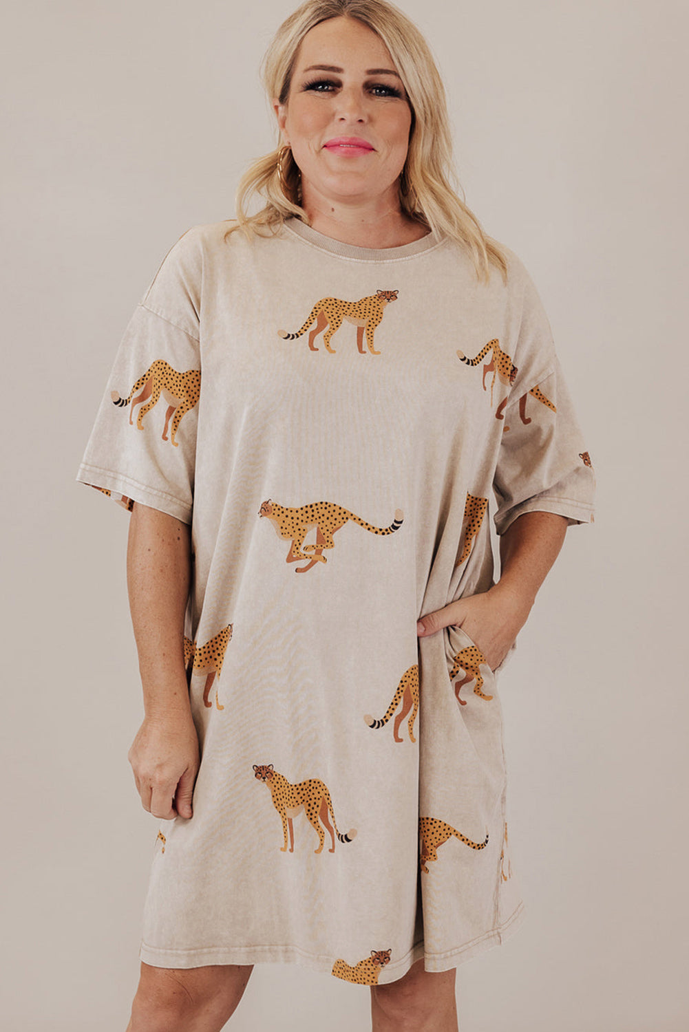 Apricot Plus Size Cheetah Print Side Pockets T Shirt Mini Dress - The Fair Lady Shop