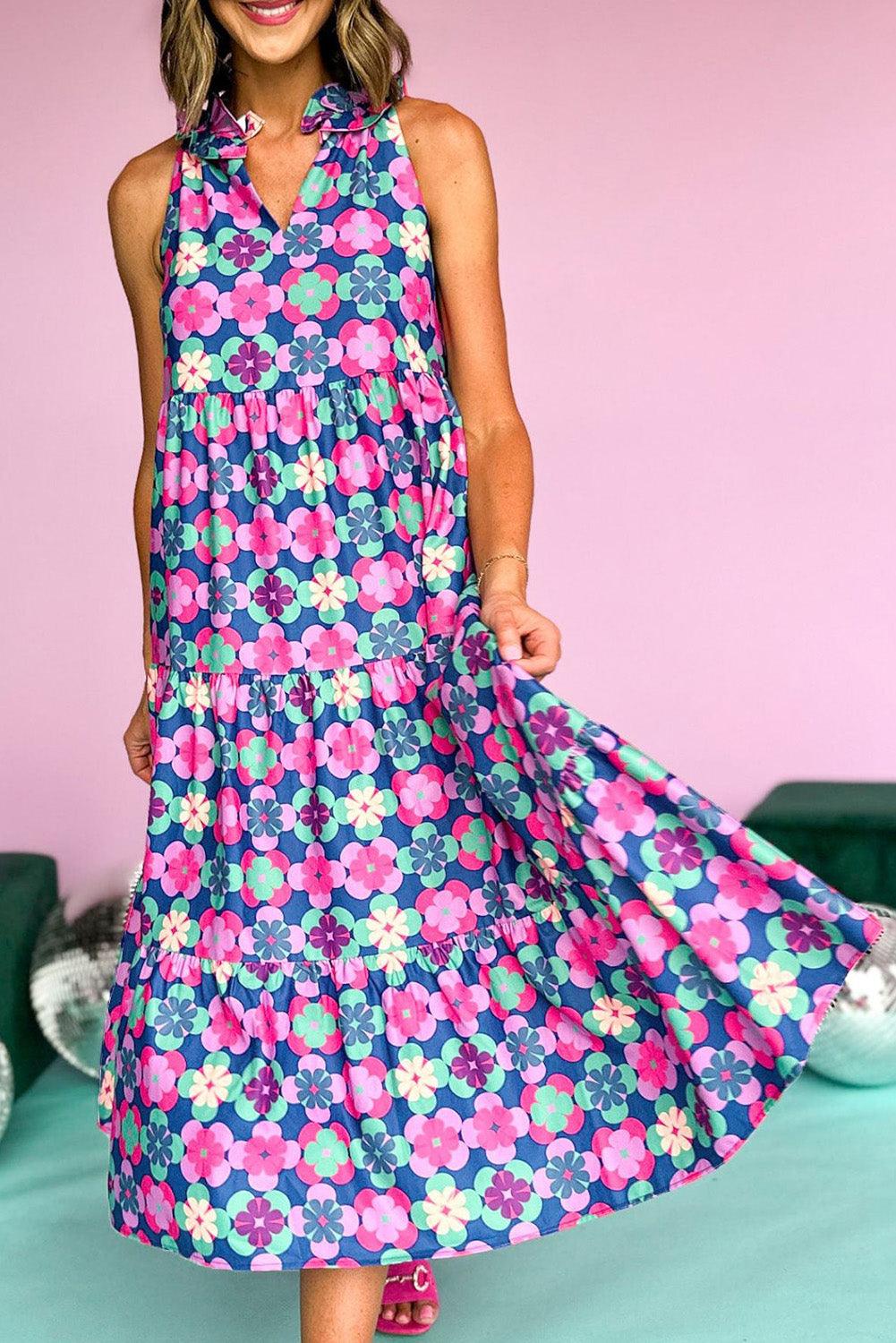 Sky Blue 60s Flower Split Neck Sleeveless Tiered Maxi Dress - The Fair Lady Shop