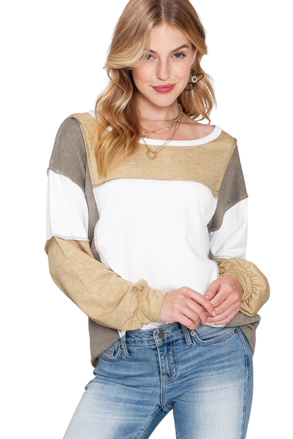 Khaki Color Block Exposed Seam Long Sleeve Top - The Fair Lady Shop