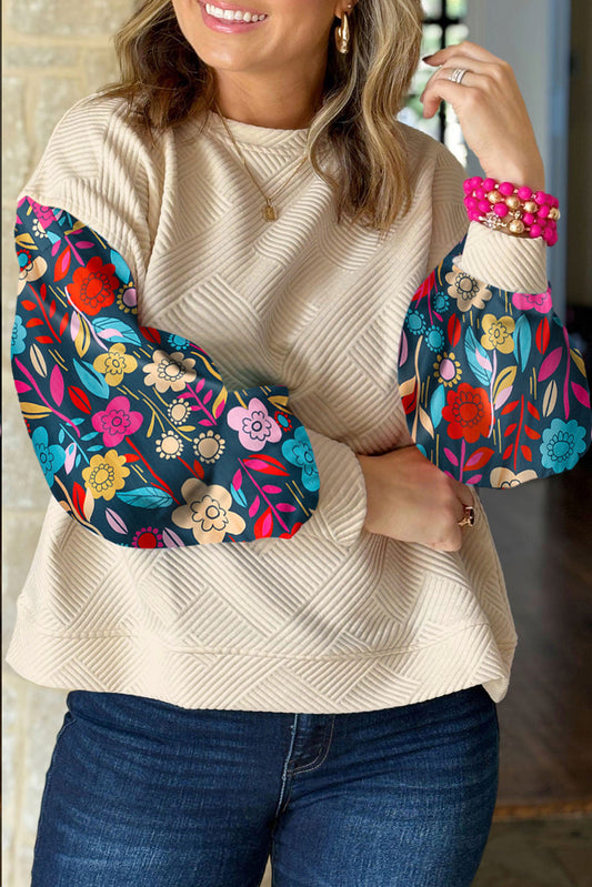 White Floral Patchwork Sleeve Textured Plus Size Pullover Top - The Fair Lady Shop