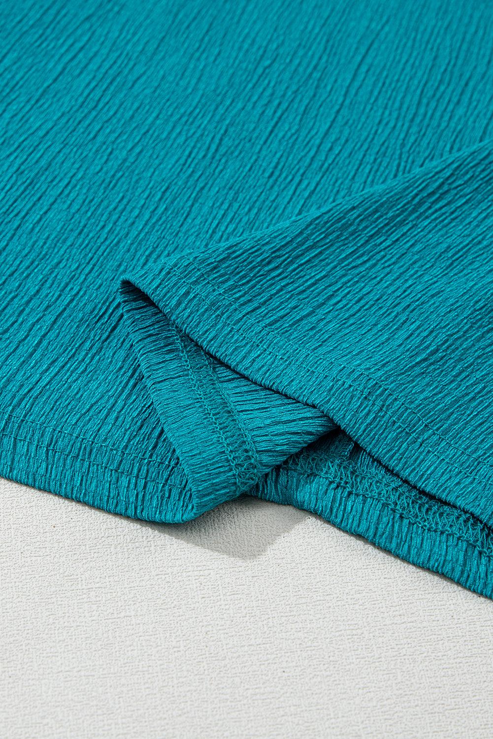 Blue Plain Crinkled V Neck Flounce Sleeve T Shirt - The Fair Lady Shop