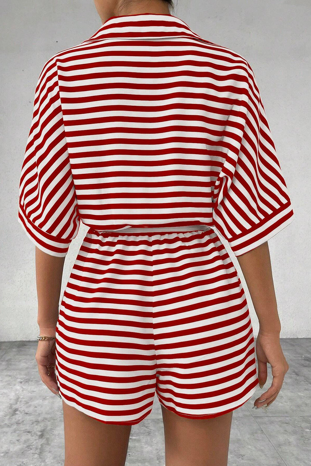 Red Stripe Button Collared Mid Sleeve Belted Romper - The Fair Lady Shop