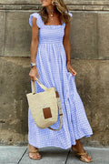 Sky Blue Plaid Square Neck Sleeveless Maxi Dress - The Fair Lady Shop