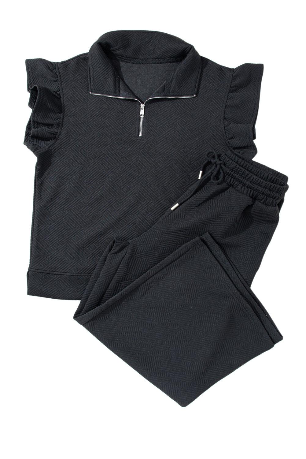 Black Textured Ruffle Cap Sleeve Top and Wide Leg Pants Set - The Fair Lady Shop