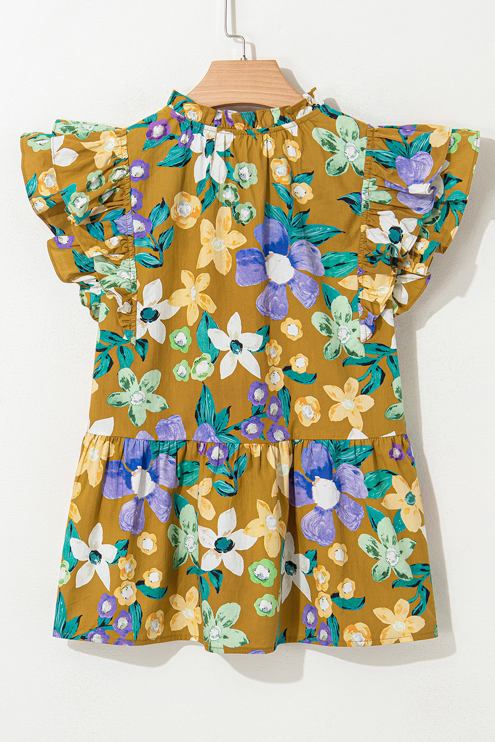 Yellow Floral Print Tie V Neck Ruffle Top - The Fair Lady Shop