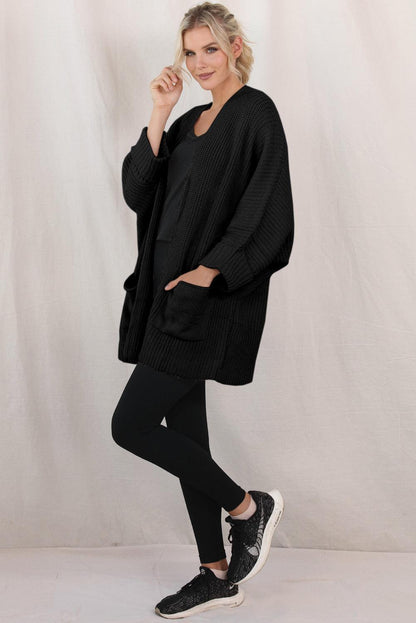 Black Batwing Sleeve Pocket Oversized Cable Knit Cardigan - The Fair Lady Shop